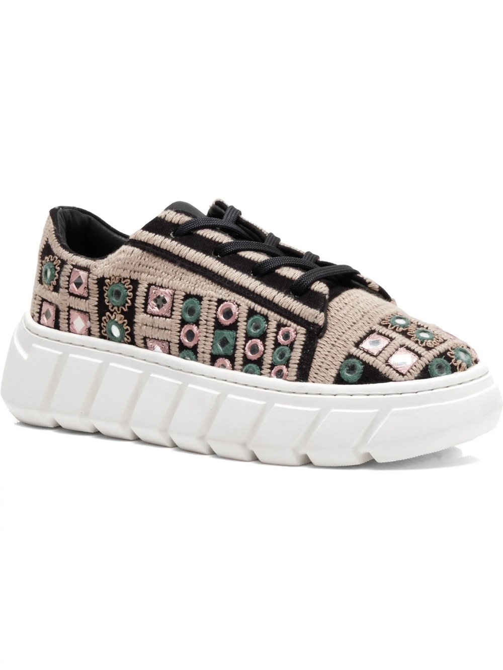 Free People Beige Embroidered Platform Sneaker with Pink & Green Details